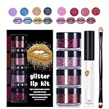 Glitzer-Lippenstift-Set – Wasserfest und wischfest, 4-farbiger Glitzer-Lipgloss, inklusive Lippengrundierung und Pinsel, lang anhaltendes Schimmer-Lippenpuder-Set