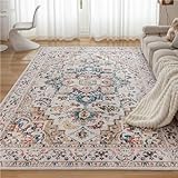 CHOSHOME Waschbarer Teppich Wohnzimmer 80x150CM Teppich Schlafzimmer Vintage Kurzflor Teppich Groß Weiche Teppich für Schlafzimmer rutschfest Teppich Flauschiger Teppich Beige