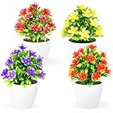 4 Stück Künstliche Blumen, Kunstblumen im Topf Mini Kunstpflanze, Pflanzen Wie Echt im Topf für Tischdeko, Innen- und Außenbereich Deko, Garten, Cafe, Büro