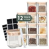 Celeko Home Stapelbare Gewürzgläser Eckig Bambus-Holzdeckel 210ml (Set 12 Stück) Gewürzbehälter Gewürzdosen Glas - Glass Spice Jars - Gewürze Aufbewahrung Kleine Gläser mit Deckel & Etiketten