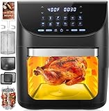 Jacgood XXL Heißluftfritteuse, 12 Liter Fassungsvermögen 1700W Air Fryer, 12 Programme, LCD Display, Vorheizen&Warmhalten, inkl. Rotierkorb, Drehspieß, 2 Backbleche, Krümmelblech, Griff