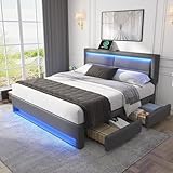 Generisch Polsterbett 140x200 cm mit USB-Ladestation, LED-Beleuchtung & 4 Schubladen – Modernes Design, Starker Stauraum & Kabelloses Aufladen
