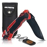 KOSxBO Firefighter Rescue Knife EMS Rettungsmesser mit Glasbrecher und Gurtschneider inkl. Messertasche und Dog Tag, Feuerwehr Messer Outdoor Taschenmesser Klappmesser