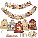woric Adventskalender zum Befüllen, 24 Jutesäckchen mit Klammern Lichterkette Weihnachtskalender zum Befüllen Groß Adventskalender 2025 Säckchen Weihnachten(Rot&Grau&Khaki)