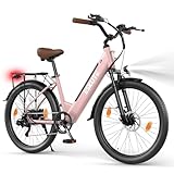 ESKUTE C100 Plus E-Bike, 26 Zoll Elektrofahrrad, E-Cityrad 250W HeckMotor, 36V 13Ah Wechselakku,bis zu 100km, LCD-Display, Tiefeinsteiger E-CityBike Für Damen und Herren Erwachsene, Rosa