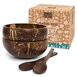 Jungle Culture Kokosnuss Schalen 2er Set mit Holzlöffeln & Bambusstrohhälmen • Natürlich, Vegan Plastikfreie Alternative • Kokosschalen Schüssel, Handgefertigt mit Kokosöl poliert • Coconut Bowls