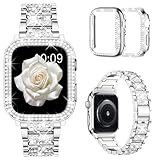 Mosonio Metall Armband Kompatibel mit Apple Watch Series 9/8/7 41mm Metall Ersatzarmband für Damen + 2 Stück Strass Strass Schutzhülle für Damen Silber