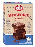 RUF Classic Brownies, Backmischung für saftig schokoladige Chocolate-Brownies im American Style mit Schoko-Raspel, inkl. Backform, 12 Brownies, 366g