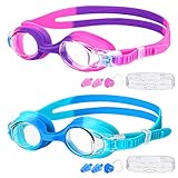 LANKOER 2 Packungen Schwimmbrille für Kinder, Kinderschwimmbrille mit Anti-Fog-Linse, Wasserdichte Schwimmbrille mit Ohrstöpseln, Nasenklamme und Tragbarer Boxen für 3-14 Jahre Alte Jungen Mädchen