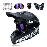 MRDEAR Motocross Helm Schwarz, Motorrad Crosshelm Set mit Brille Handschuhe Maske Motorrad Netz, VOMI Fullface MTB BMX Helm Motorradhelm Herren für Quad ATV Downhill Enduro Sport,L