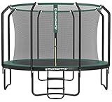 SONGMICS Trampolin Ø 305 cm, Gartentrampolin für Kinder mit Sicherheitsnetz, 180 cm hohe Stangen, Randabdeckung, Leiter, Stahlrahmen, schwarz-dunkelgrün STR103C01