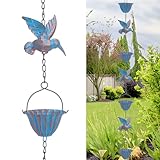 Tefola 2,4m Regenkette mit Kolibris - Regenablaufkette aus Metall in Retro-Blau, 7 Vögel & 7 Tassen für Dachrinnen, Garten- und Hausdekoration