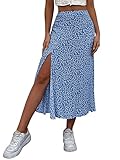 GORGLITTER Rock Damen Sommer Lang Rock Mit Blümchen Rock Mit Schlitz A-Linien Rock Blumenrock Geblümt Rock Mit Hoher Taille Blau L