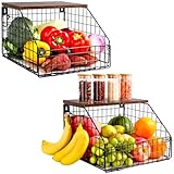 FoiiLiio Obstkorb Hängend Schwarz 2 Stück Obstschale Etagere mit 2 Haken Obst Aufbewahrung Küche Obstkörbe mit Holzdeckel Stapelbar Gemüsekorb Metall für Obst Aufbewahren und Gemüse