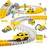 Kizplays 260pcs Autorennbahn Rennbahn 6 Cars Bagger Spielzeug ab Spielzeugautos Autobahn ab 3 4 5 6 Jahre Junge Mädchen,Flexible Track Kran Spiele, Elektroauto Cars Autorennbahn für Kinder Geschenk