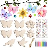 57 Stück Bastelsets für Kinder, Basteln Kinder Schmetterling Blume Vogel Holzanhänger zum Bemalen, Kindergeburtstag Basteln Mädchen, DIY Kreativsets mit Aquarellstift Edelsteinaufkleber