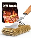 Grillbürste Messing, Grill Reinigungsbürste Edelstahl Schaber, dichte Edelstahlborsten, 39cm Extra Langer Holzgriff, für Gasgrill, Holzkohlegrill, Kugelgrill, Elektrogril und Grillrost.