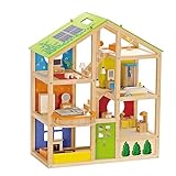 Hape Vier-Jahreszeiten Puppenhaus aus Holz von Hape | Preisgekröntes dreistöckiges Puppenhaus mit Mobiliar, Zubehör, verschiebbaren Treppen und wendbarem Dach für jede Jahreszeit