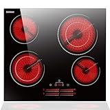 Karinear Keramik Kochfeld 60 cm mit Lichtstreifen-Schieberegler, Glaskeramikkochfeld 4 Platten mit Dual-Ring-Kochzonen, Herdplatte 4 Kochfelder Einbau mit Kindersicherung, Timer, 220-240V, 6600W