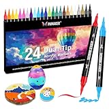 24 Farben Acrylstifte Set – Acrylmarker mit feiner Spitze und Pinsel für Stoff, Leinwand, Glas, Holz und Papier – Ideal für Kinder und Erwachsene, zum Zeichnen und DIY-Bastelprojekte