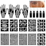 Temporäre Tattoo Set, Temporäre TäTowierung Kit, Henna Schablone, DIY Fake Tattoo, Indischer Arabischer Hände Tattoo für Finger Körper, Tempel Aufkleber, 5 Flaschen Farbtinten, 14 Stück Schablonen-Kit