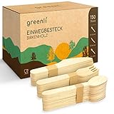 greenli® Einwegbesteck Set - 150 Holzgabeln, Holzmesser und Holzlöffel - Nachhaltiges Holzbesteck Einweg