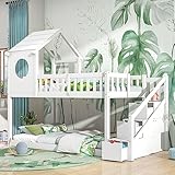 Kehun Kinderbett Etagenbett 90x200 cm für 2 Kinder, Hochbett Hausbett mit Stauraum Treppe, Baumhaus Bett mit Rausfallschutz und lattenrost aus Holz, Weiß, Ohne Matratze