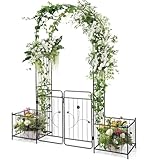 FANTASK Rosenbogen mit Tür, Gartenbogen Metall, Torbogen mit 2 Pflanzgefäßen, Rankbogen für Kletterpflanzen, Schwarz