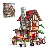 FUNWHOLE Mittelalterlicher Schmiede Bauklötze Set mit LED Licht 1595 Pcs Medieval Forge House Klemmbausteine Mittelalter Spielzeug für Erwachsene und Jugendliche