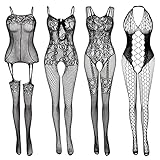 Damen Fischnetz Bodys Dessous Nachtwäsche Spitze Strümpfe...
