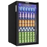 EUHOMY 90L Getränkekühlschrank, Mini-Kühlschrank für 126 Dosen mit Glastür, kleiner Kühlschrank mit verstellbaren Regalen für Limonade, Bier oder Wein, für Zuhause/Bar/Büro, Schwarz Edelstahl