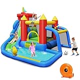 COSTWAY 7 in 1 Hüpfburg + 450W Gebläse Kombination mit Wasserrutsche, Aufblasbares Springburg Hüpfschloss Outdoor Bouncer Spielpool Luftgebläse inkl. Tragetasche, Pfähle, Reparaturpaket 350x315x245cm