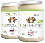 purSHEA-Bio Sheabutter (2x500ml) GLAS-Unraffiniert Kaltgepresst - 100% Naturbelassen Ohne Zusätze Vegan Parfümfrei- 100% Reine Bio-Sheabutter Plastikfrei im Glas -Shea Butter- Premium Qualität (A+)