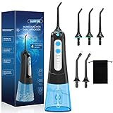 SURFOU Munddusche, Water Flosser IPX7 wasserdicht, 300ml Zahnzwischenraumreiniger, Munddusche kabellos USB wiederaufladbar mit 4 Modi und 5 Düsen für Reisen & Hause