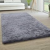 Paco Home Hochflor Teppich Wohnzimmer rutschfest Fellteppich Shaggy Flauschig Weich Modern Kunstfell Fell Imitat Einfarbig, Grösse:60x100 cm, Farbe:Grau