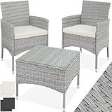 tectake® Poly Rattan Möbel Gartenset mit Wechselbezügen, 2 Stühle und Tisch mit Glasplatte, 2X Outdoor Lounge Sessel mit Armlehne und Gartentisch, Gartenmöbel Set, Balkonmöbel - hellgrau