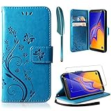 AROYI Lederhülle Samsung Galaxy A10 Flip Hülle + HD Schutzfolie (Blau)