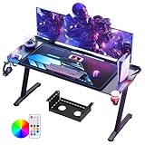 Himimi 160x70 cm Gaming Tisch, Gaming Schreibtisch mit LED, PC Tisch Gaming mit Kohlefaseroberfläche, Gamer Tisch mit Kabelaufbewahrungsbox, Getränkehalter und Kopfhörerhaken, Schwarz