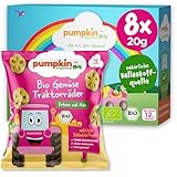 Pumpkin Organics Kindersnack Bio Traktorräder mit Erbsen und Mais (8er Pack) Baby Snacks ohne Zusatzstoffe ab dem 12. Monat - allergenfreie² und glutenfreie² Knuspersnacks für Kinder