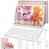 FACETEL Android 13 Tablet 10 Zoll mit 5G WiFi Octa-Core 2.0Ghz Prozessor Ultraschnelles Tablet PC mit 14(6+8) GB RAM + 128GB ROM TF 1TB | 8000mAh | FHD | 5MP+8MP, Tablet mit Tastatur - Gold