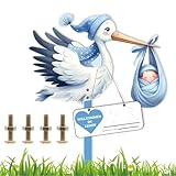 Storch Geburt für Draussen Junge, Blau Holzstorch Klapperstorch zur Geburt Draußen, Baby Storch Geburt, Geburtsstorch Beidseitig Bedruckt inkl Holzstab und Namensschild mit Grußkarte (B Blue)
