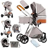 NADDLILY Kinderwagen 3 in 1, Buggy mit Umkehrbarem Zwei-Wege-Schub, Kinderwagen mit Faltbarem Tragbarem One-Click-Design, Kinderwagen 3 in 1 Komplettset mit Zubehör Hohe Landschaft (V9 Light Grey)