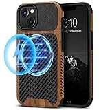 TENDLIN Magnetische Schutzhülle Kompatibel mit iPhone 13 Mini Hülle Holz und Carbon Textur Design Leder Hybrid Handyhülle (Kompatibel mit MagSafe) Schwarz