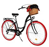 Milord Komfort Fahrrad mit Weidenkorb, Hollandrad, Damenfahrrad, Citybike, Vintage, 28 Zoll, Schwarz-Rot, 7-Gang Shimano