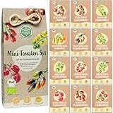 BIO mini Tomatensamen Set: 12 samenfeste Tomatensorten | Tomaten Saatgut mit seltene & alte Cocktail, Cherry & Fleischtomaten | Gemüse Samen für Balkon, Hochbeet, Garten & als Geschenk | Loveplants