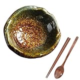 TYMYYS Ramenschale Mit Essstäbchen Und Ramen Löffel, Ramenschalen-Set Für 1 Person, Ramen Schüssel Set Keramik, Chinesische Nudeln-braun und grün-1000ml, 22x22x6.5cm