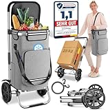 ELONEO Einkaufstrolley klappbar, Einkaufswagen mit Kühlfach, 3in1 Trolley, Sackkarre & Umhängetasche, Einkaufsrollwagen, Shopping Trolley 43L Kapazität & Spanngurt, Hackenporsche, Silbergrau