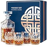 Whisky Karaffe Whiskey Gläser Set, Geschenke für Männer Mann Papa, 4 Whiskygläser Dekanter Geschenkset, Whisky Bleifrei Glas Geschenk, Whiskey Whiskyglas Geschenkbox