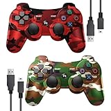 SWCTIM PS3 Controller Wireless 2 Pack,Verbesserte Fernbedienung für PS3,6-Achsen Gyro Sensor,Doppelter Vibration,USB-Ladekabel (Camo Rot und Camo Grün)