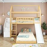 FEZTOY Kinder Bett mit Rutsche, Hausbett 90x200, Etagenbett für 2 Kinder, Hochbett mit Treppe Stauraum und 2 Lattenrost, Kinderbetten, Spielbett, Jugendbett, ohne matratze (Natur+Weiß-Schließfächer)